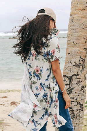 화이트 플라워 여성 셔츠 (하와이안 여름 여성 로브셔츠)